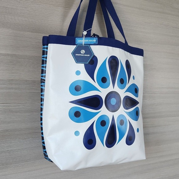 Jonathan Adler White Navy Feather Medallion 2 Sided Beach Talulla Large Tote NWT - Picture 5 of 16